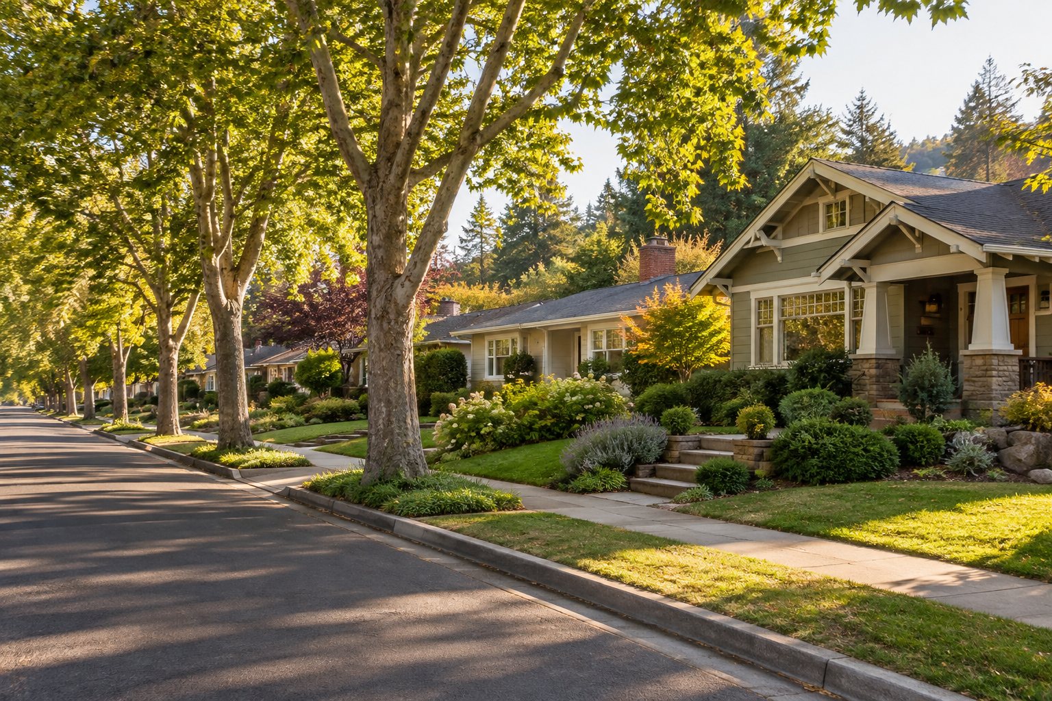 A tree-lined South County residential street, illustrative