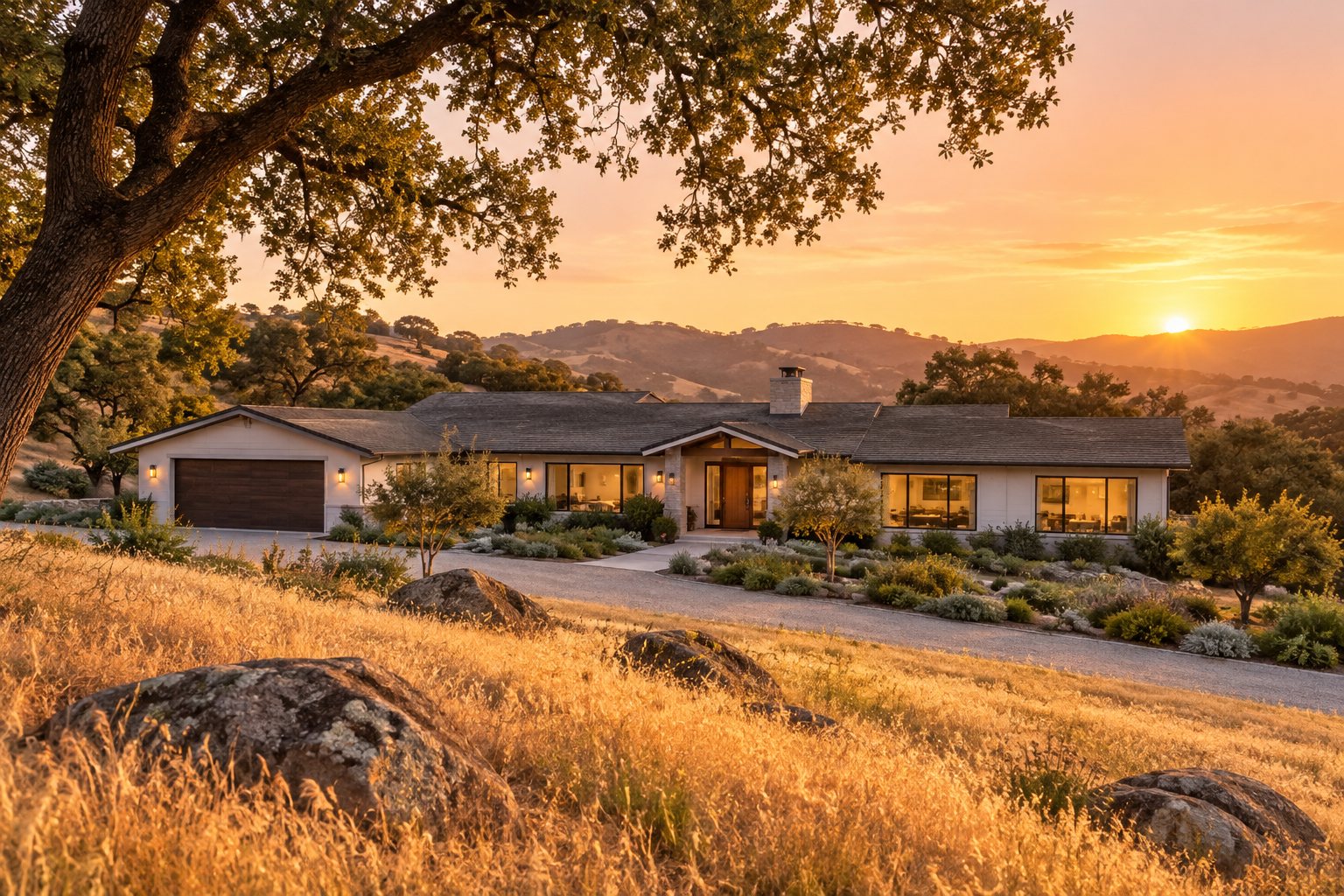 A South County hillside home at sunset, illustrative